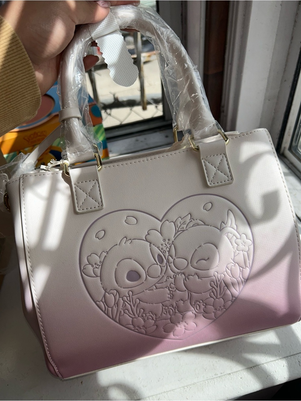 Disney Loungefly Stitch White to Pink Ombre Heart-Embossed Satchel Handbag